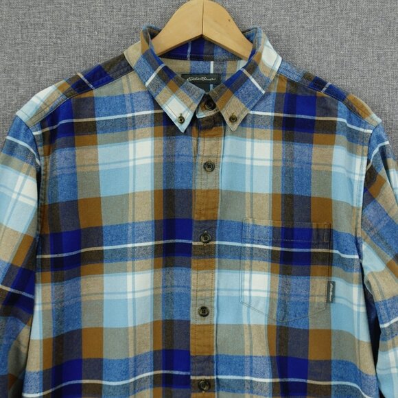 Eddie Bauer‎ Men’s L Flannel Shirt Blue Brown Plaid Button Down Long Sleeve - Picture 1 of 8